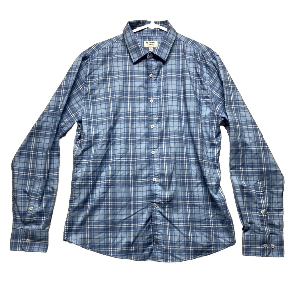Sperry Shirt Mens XL Blue White Plaid Long Sleeve Stretch Classic Button Up